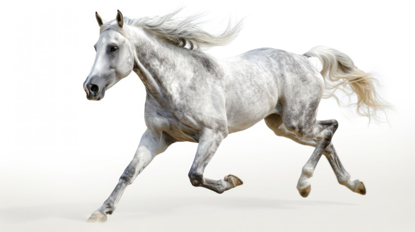 A powerful gray stallion in full gallo
