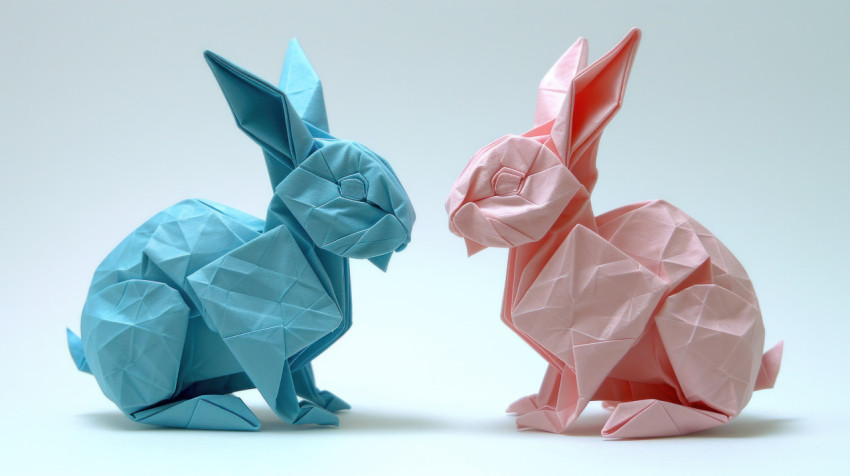 Origami rabbits in vibrant blue and pink color