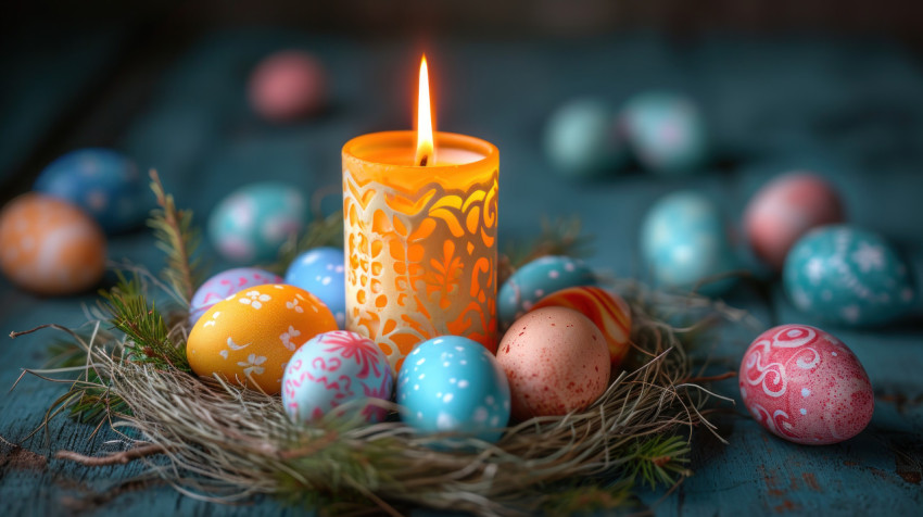 Candle surrounded by easter eggs