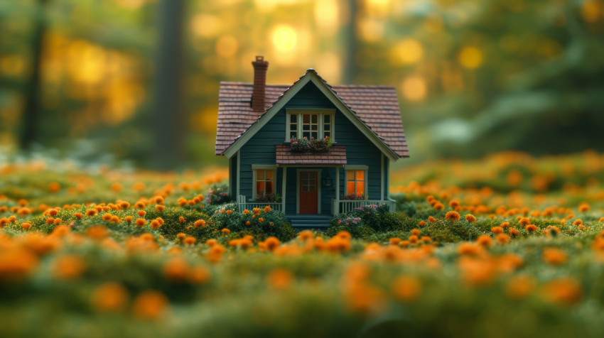 A house sits peacefully in green grass under the warm sun