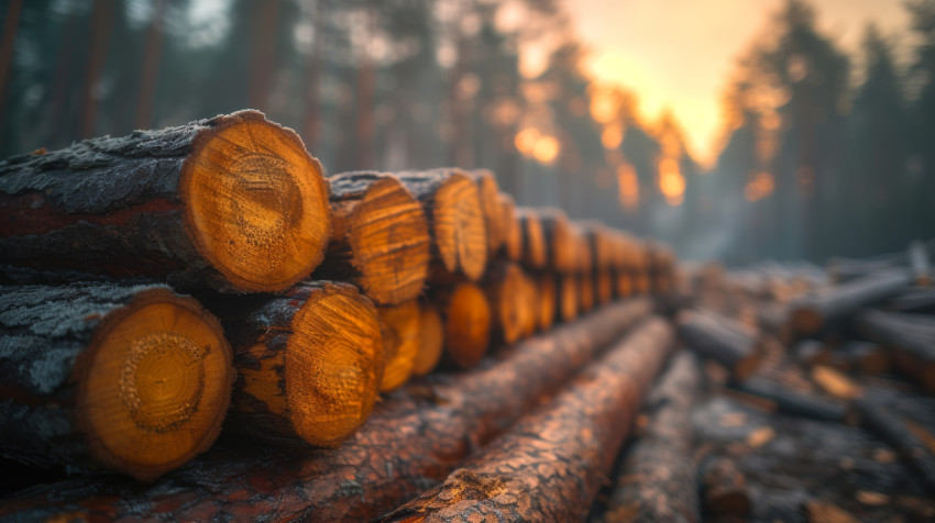 Logs neatly stacked in the forest creating a rustic and serene scene in the woods