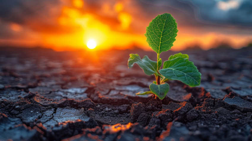 Lone plant standing on the ground as the sun sets