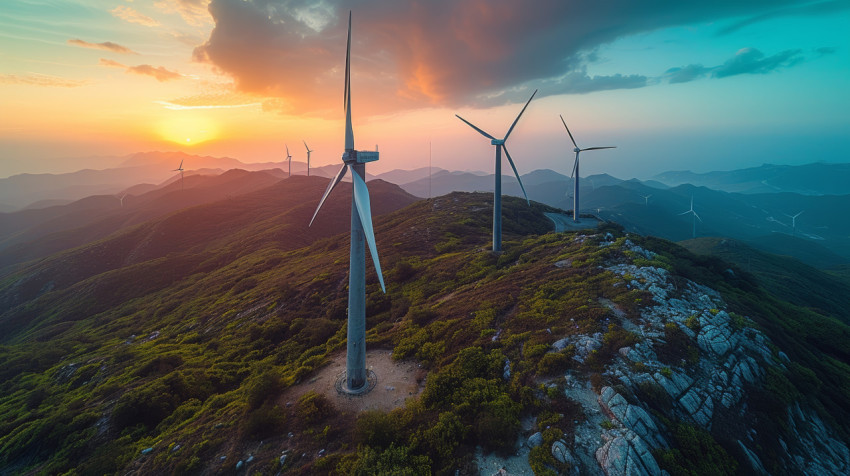 Wind turbines on mountain summit at sunset harnessing clean energy from the breeze