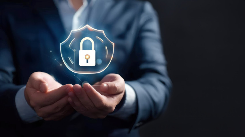 A businessman holding virtual padlock icon on dark background