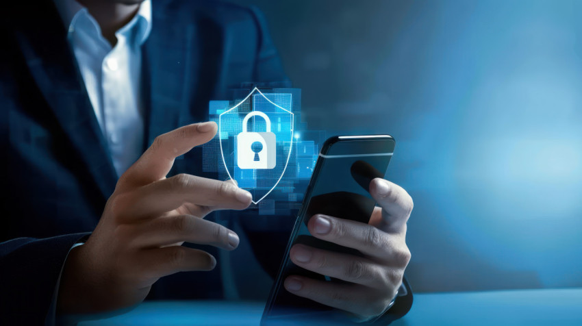 A businessman using smartphone with digital virtual padlock and security shield icon on blue background