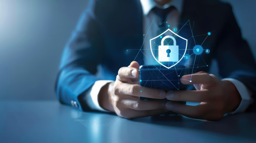 A businessman using smartphone with digital virtual padlock and security shield icon on blue background