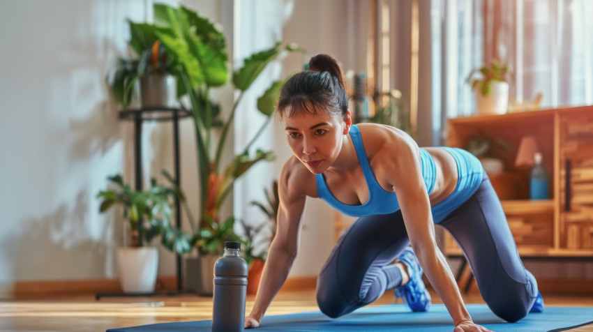 A woman in blue sportswear does push-ups on a yoga mat at home