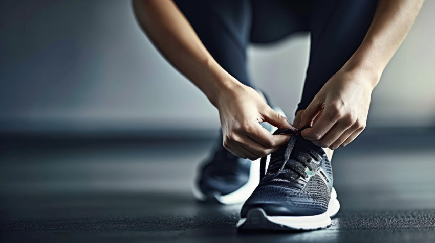 A close up of a woman hands tying the laces on her running shoes