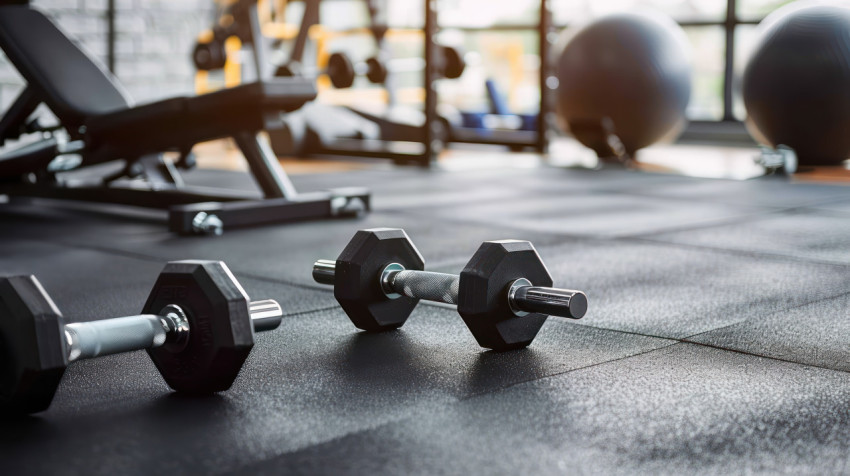 A gym floor with various dumbbells and fitness equipment