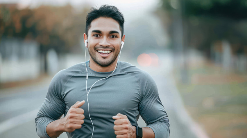 A handsome Asian man jogs outdoors wearing earphones and a smartwatch