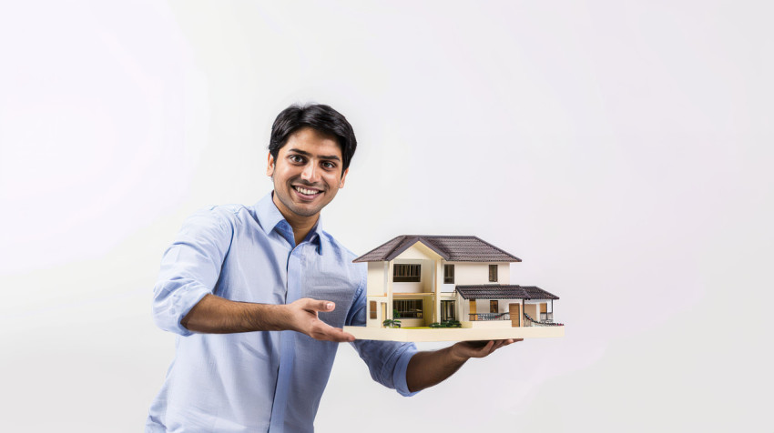 A real estate Indian agent holding his hand out in front with the hand he is showing an Indian style house model