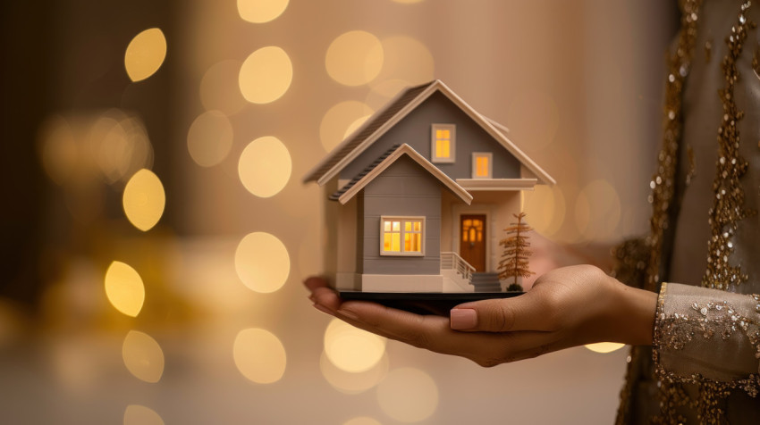 A woman hand holding a model house with a blurred background