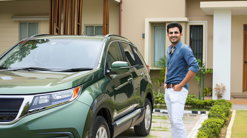 A handsome Indian man standing next to his green car parked in front of a modern house