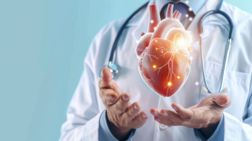 A doctor hand holding virtual digital glowing human heart against light blue background symbolizing advanced medical technology and cardiac care