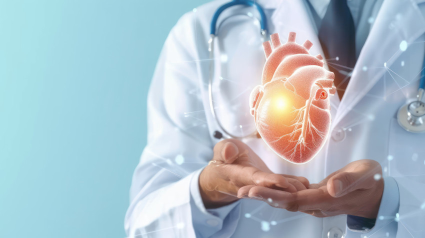 A doctor hand holding virtual digital glowing human heart against light blue background symbolizing advanced medical technology and cardiac care