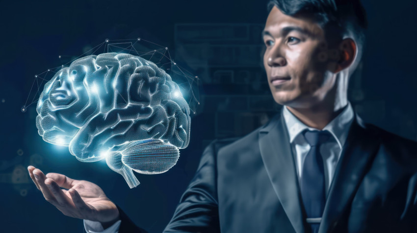 A businessman holding virtual brain symbolizing technology innovation and business intelligence