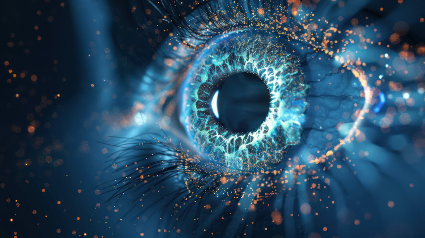 An abstract eye iris created from glowing particles showcasing modern digital art and technology concept