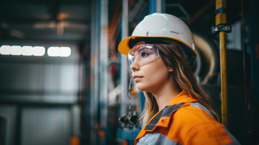 A female engineer wearing safety glasses and a helmet works in a