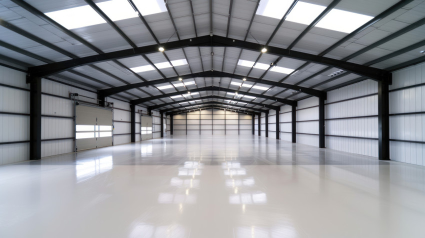 An empty warehouse with white painted floor showing clean and spacious industrial space