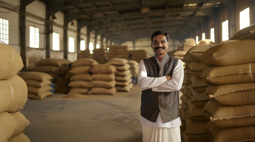 An Indian man stands in warehouse with arms crossed smiling at camera showing confidence and work warehouse concept