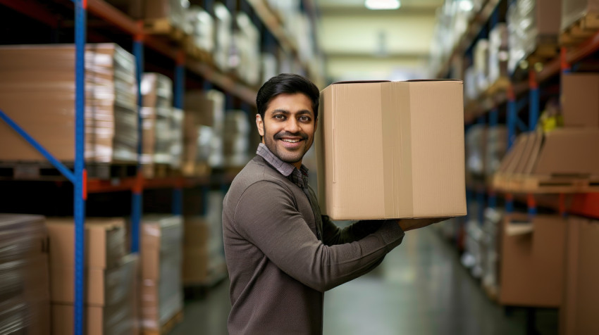 A young happy Indian worker carries cardboard box in warehouse showing logistics storage and warehouse concept