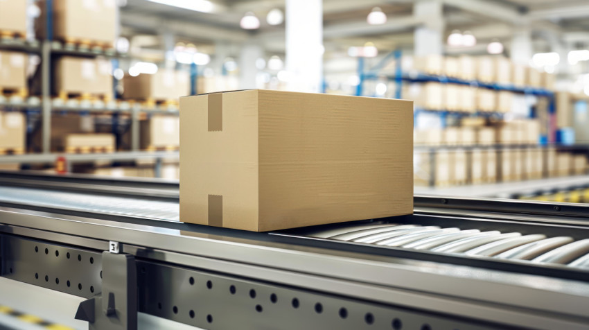 A cardboard box moves on conveyor belt in warehouse with motion blur background showing speed and efficiency in industrial logistics