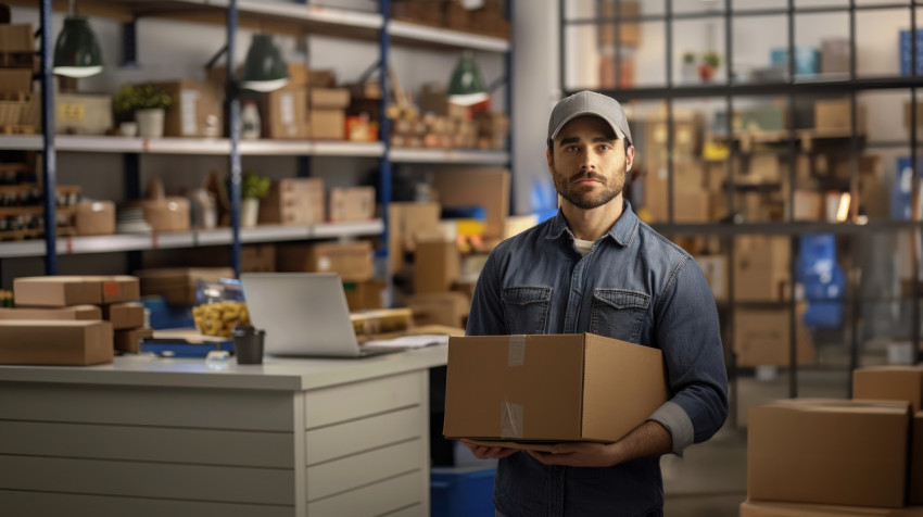 An American delivery man holds cardboard boxes in warehouse standing in front of desk with laptop illustrating logistics and delivery operations