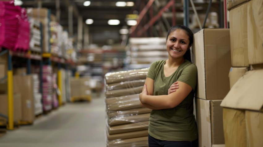 An American woman in green tshirt stands next to large boxes of furniture in warehouse showing logistics storage and warehouse concept
