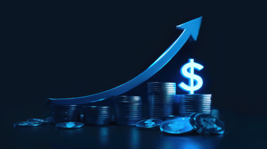 A blue glowing arrow pointing upward with stacks of coins and dollar sign on dark background symbolizing financial growth and wealth accumulation