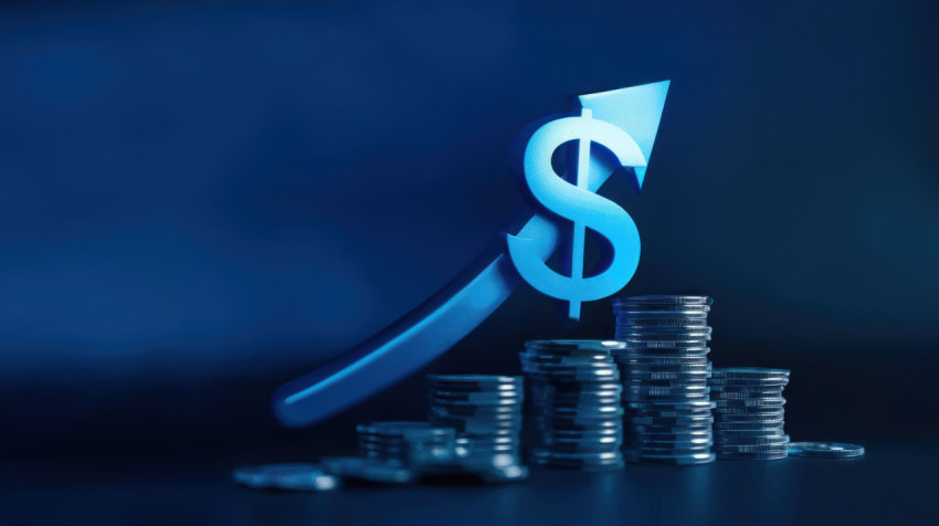 A blue glowing arrow pointing upward with stacks of coins and dollar sign on dark background symbolizing financial growth and wealth accumulation