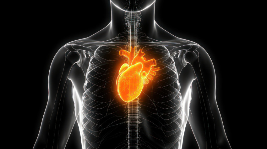 A human chest with a glowing orange heart inside radiating energy and health on a black background showing vitality and wellness concept