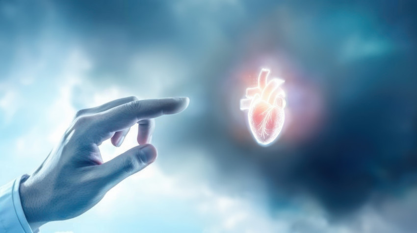 A hand touching futuristic medical technology with a holographic display of the human heart and an interconnected network digital health innovation concept with a banner background