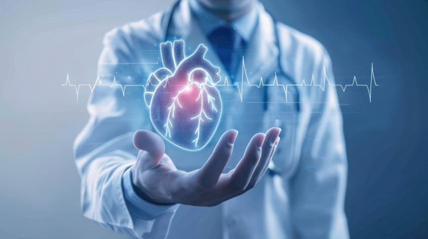 An artistic representation of a doctor holding up a holographic heart with electrocardiogram ecg lines and pulse lines medical technology and heart health