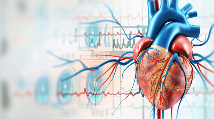 Realistic illustration of human heart with intricate veins and capillaries intertwined with various wave patterns set against clean white background emphasizing anatomy and cardiovascular dynamics