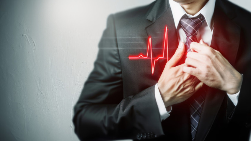 An office worker in formal attire clutching their left side indicating discomfort or illness portraying health concern and workplace stress