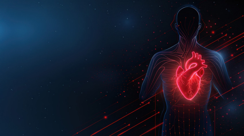 Human heart with a simple innocent personalized and skyrim blue background with red neon lines showing a minimalistic simple illustration style for a medical technology banner or web design