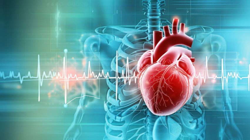 High definition photography of a heart with cardiology lines in the background depicted in a medical illustration style emphasizing cardiology and medical scienc