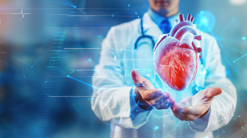 A doctor holds a hologram of a heart