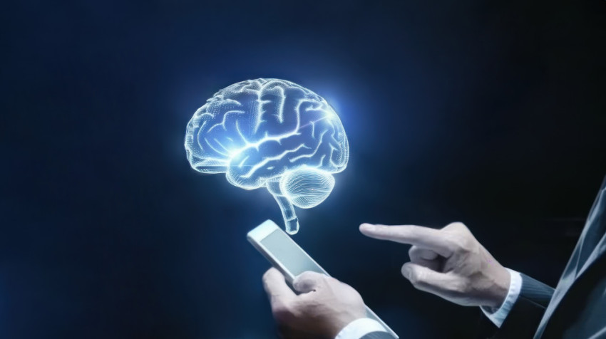 A person holding an iPad with one hand pointing at the screen with a holographic brain floating above their desk symbolizing interaction with technology and digital innovation