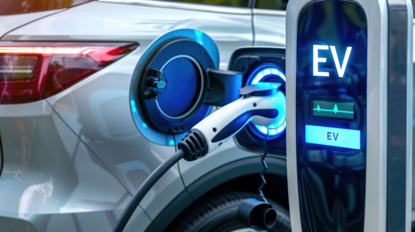 A digital illustration of an electric vehicle charging with digital display showing the text EV illustrating futuristic energy and sustainable transportation concept