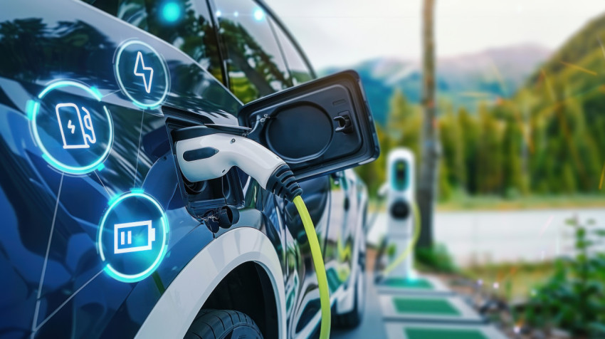 An electric vehicle charging station with virtual EV icons illustrating futuristic energy and sustainable transportation concept