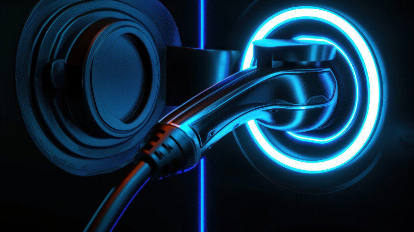 A close up of an electric car charging port glowing with blue neon light on dark background showcasing futuristic eco friendly transportation and energy efficiency concepts