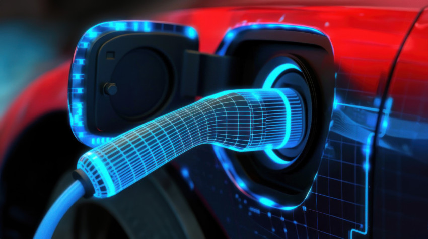 A digital illustration of an electric vehicle charging port with glowing blue digital lines emphasizing futuristic technology and eco friendly transportation