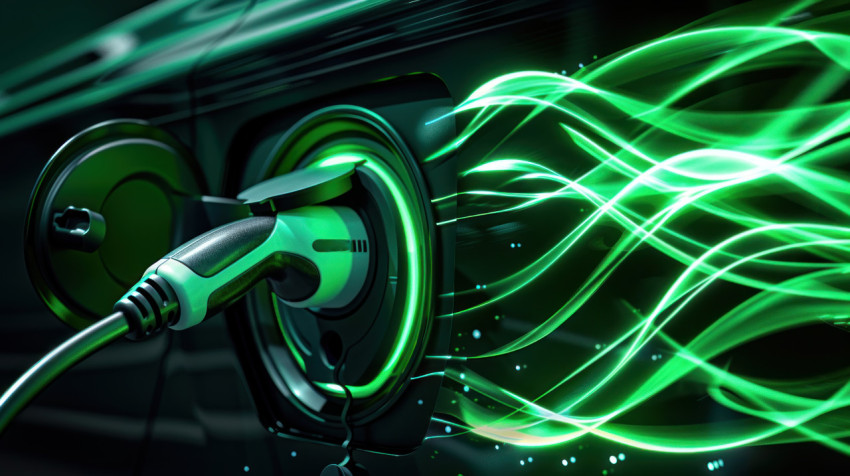 A green energy waves flowing around an electric car charging port on dark background illustrating eco friendly technology and renewable energy concept