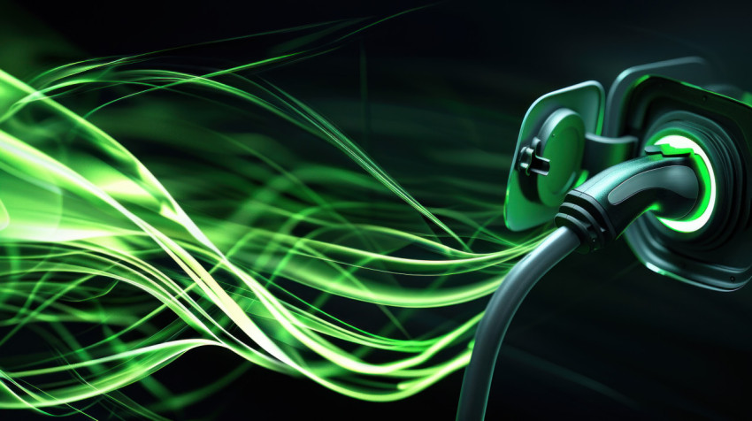 A green energy waves flowing around an electric car charging port on dark background illustrating eco friendly technology and renewable energy concept