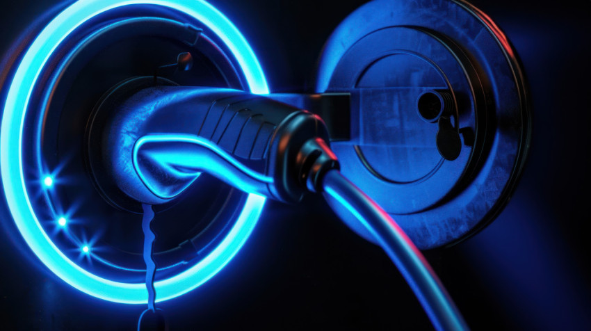 A close up of an electric car charging port glowing with blue neon light on dark background showcasing futuristic eco friendly transportation and energy efficiency concepts