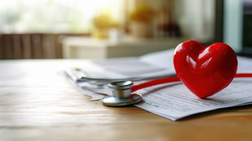 A red heart shaped health chart on an office desk with medical documents and a stethoscope in the background healthcare & medical concept