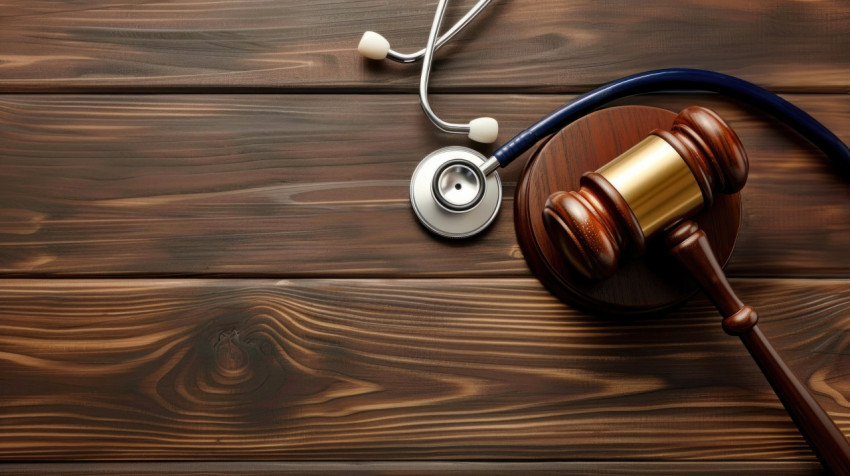 A stethoscope and a gavel are placed on a wooden table symbolizing healthcare and legal concepts