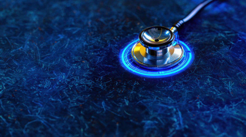 A stethoscope placed a digital background of blue glowing data network connections healthcare and medical concepts