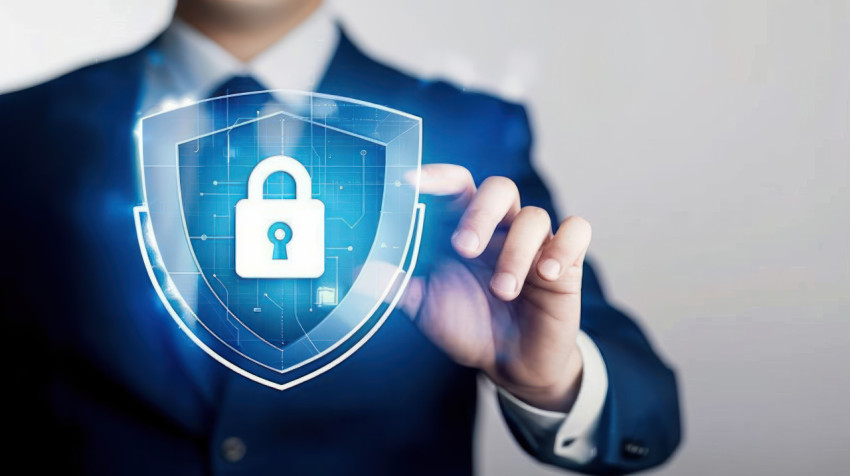 A businessman touching security shield with padlock icon on virtual screen illustrating cyber security concept